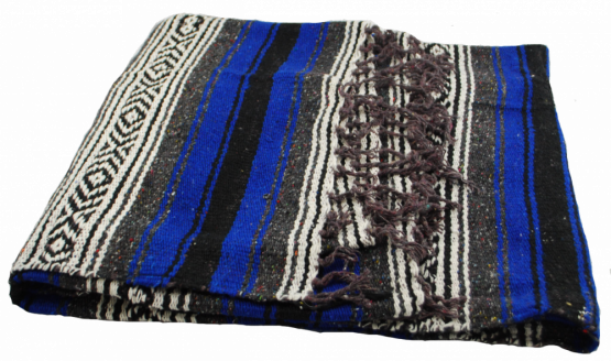 Mexican Serape Roll-up Blanket Blue with Black Leather Belts