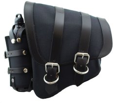 La Rosa Canvas Left Side Saddle Bag with Fuel Bottle Black with Black Leather Accents for Softail and Rigid Frame