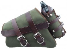 La Rosa Canvas Left Side Saddle Bag Army Green with Fuel Bottle and Brown Leather Straps for Sportster XL 04-17
