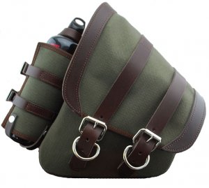 La Rosa Canvas Left Side Saddle Bag Army Green with Fuel Bottle and Brown Leather Straps for Softail and Rigid Frame