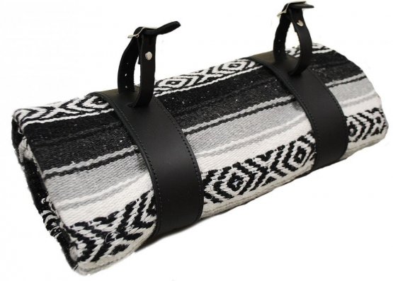 Mexican Serape Roll-up Blanket Black with Black Leather Belts