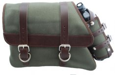 La Rosa Canvas Left Side Saddle Bag Army Green with Fuel Bottle and Brown Leather Straps for Sportster XL 82-03