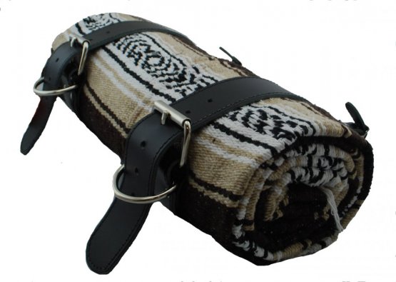 Mexican Serape Roll-up Blanket Brown with Black Leather Belts
