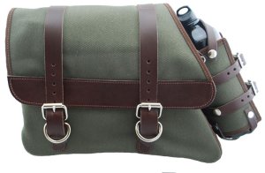 La Rosa Canvas Left Side brašňa zelená s palivovou fľašou a hnedými popruhmi pre Sportster XL 82-03