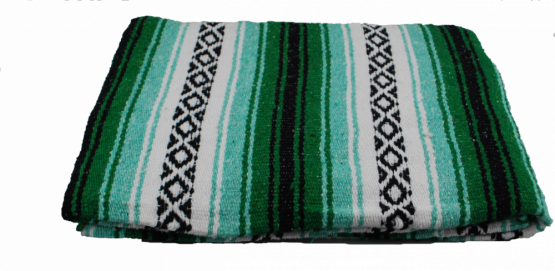 Mexická Serape Roll-up deka zelená s čiernymi koženými pásmi
